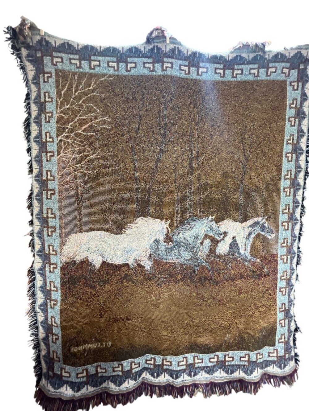 Wild Horses Woven Throw Blanket By C. Cummings 55" x 47" With Multicolor Fringe - Picture 7 of 8